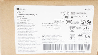 Covidien 18775S Shiley Tracheal Tube W/Stylet 7.5ID x 10.2OD x 25.4mm- Box of 10